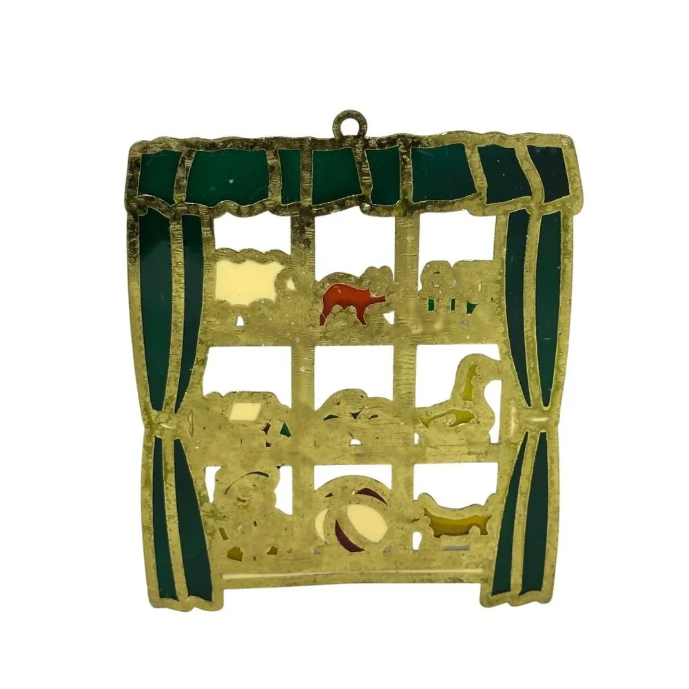 VTG‎ Enamel Metal Christmas Ornament Window Toys Design Theme Square Suncatcher